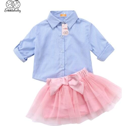 2018 new fashion Kids Baby Girl blue Striped shirt Long Sleeve Top bowknot tulle Tutu Skirt 2pcs cute kid Outfit Set Clothes
