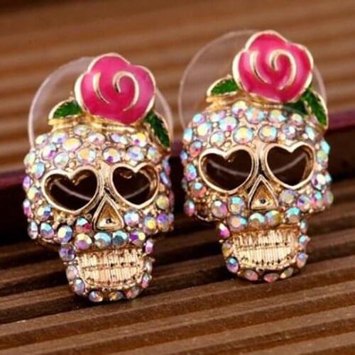 New Fashion Jewelry Cute Rose Heart Skull Colorful Stud Earrings For Women Statement Pendientes Brincos Girls