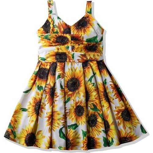 Fashion Boho Kids Girls Sleeveless Sunflower Print Dress Summer A-Line Ruched Dresses