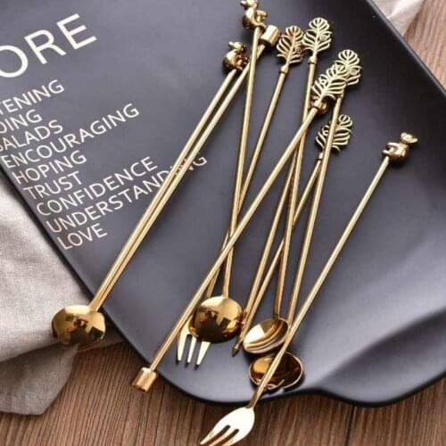 5pcs Koala Coffee Spoon Golden Cocktail Stick Set Silver Leaf Long Handle Ice Cream Dessert Mix Teaspoon Fork Bar Accessories