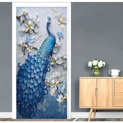 Door Sticker 3D Stereo Peacock Wallpaper Living Room Bedroom Home Decor PVC Self-Adhesive Waterproof Wall Decals Vinyl 3D Murals
