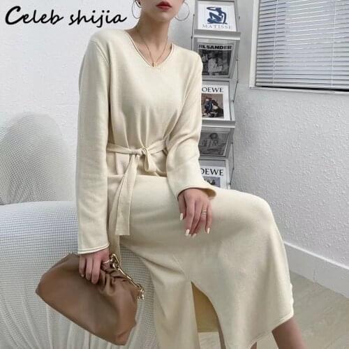 Autumn V-neck Woman Knitting Dress Lace-up Gray Elegant Long Sweater Dresses Female Long-sleeve Split Vestido Knitwear Winter