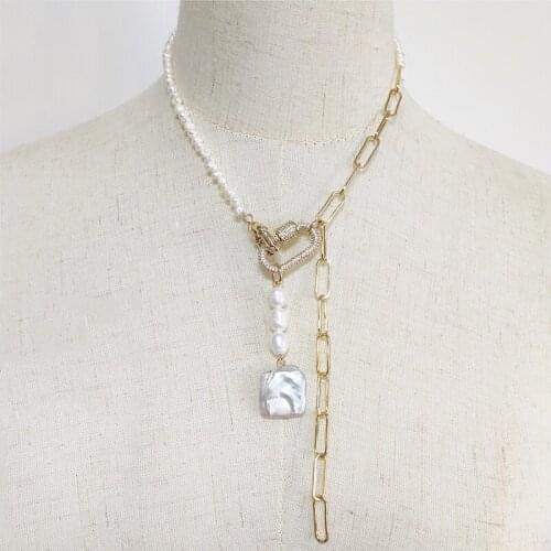 Punk hip-hop style thick chain necklace handmade freshwater pearls gold-color chain stitching 2020 creative accessories gift