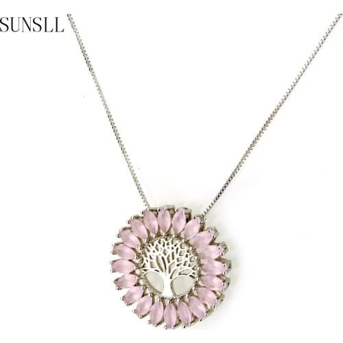 SUNSLL 3 Color Copper Cubic Zirconia Life Tree Diameter 2.75cm Round Pendant Necklaces Womens fashion Jewelry Colar Feminina