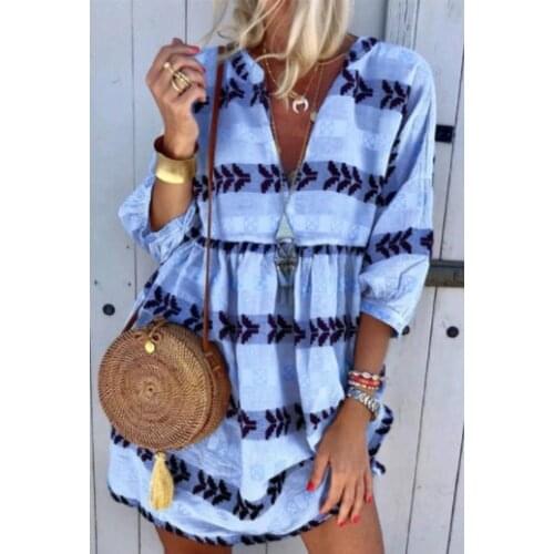 2021 Summer Quarter Sleeve Dress Printing Loose V-neck T-shirt Dress Loose Large Size Cool Vacation Beach Dress