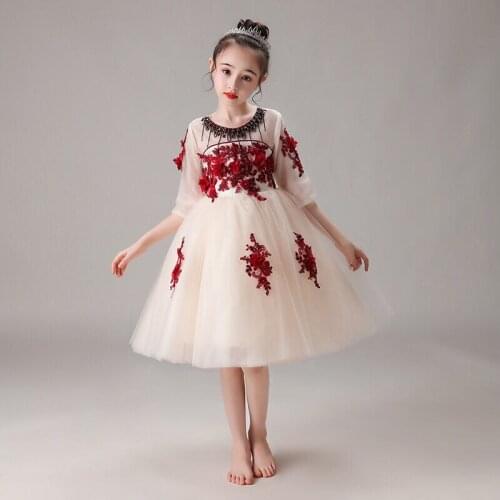 Flower Girl Dresses Illusion Embroidery Pearls Appliques Crystal Beading Tulle Lace Princess Knee-Length Kids Party Gown H331