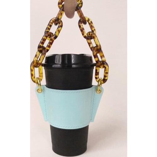 Popular Fashion Coffee Cup Sleeve Holder With Chain Handle Personalized Colorful Insulated Carry PU Leather Beverage Cup Holder