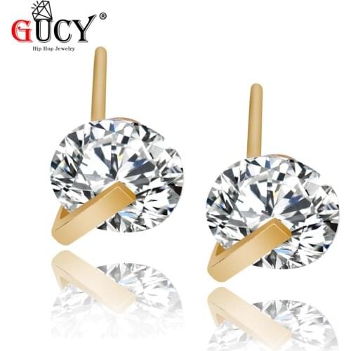 GUCY Shining Round Genuine Gold Earrings Iced Cubic Zirconia Stud Earring Mens Hip Hop Jewelry For Friend Gift