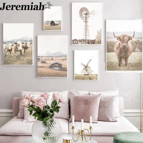 Nordic Autumn Landscape Canvas Poster Ranch Cattle Windmill Cabin Picture Print Wall Artist Home Farm Decoration
