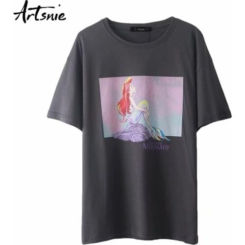 Artsnie disney cartoon print women t shirt summer o neck short sleeve tops femme streetwear casual gray loose t-shirt mujer