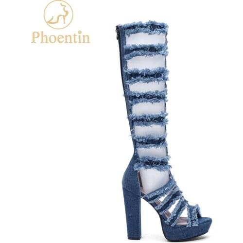 Phoentin 2019 summer knee denim boots women open toe hollow sandals booty platform super high heels 12cm plus size shoes FT693