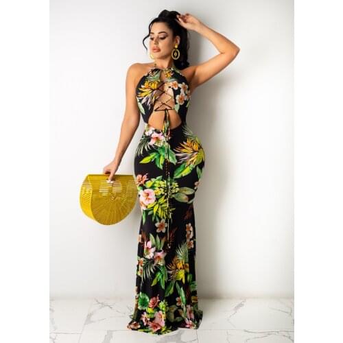 Summer Women Floral Printed Swimsuit Cover Up Dress Sexy Hollow Out Bandage Halter Strap Long Maxi Dresses For Beach Party