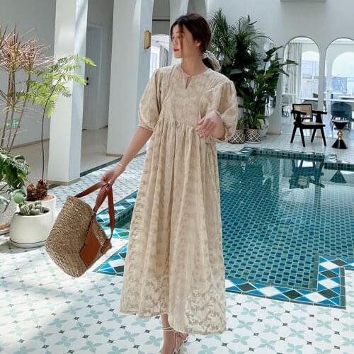 Bohemian Vintage Elegant Vacation Photo Dress Water-Soluble Lace Embroidery Stitching Loose Puff Sleeve Casual Women Dress