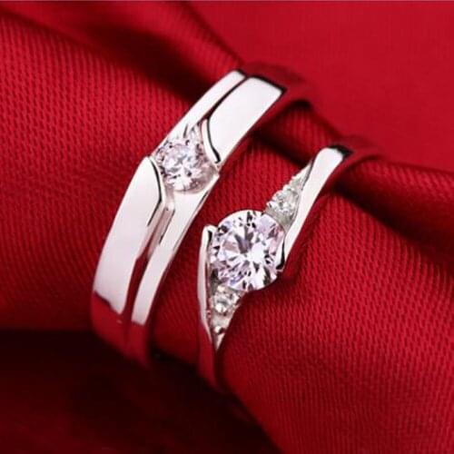 1 Pair Copper Plated Silver Rhombus Resizeable Crystal Couple Rings Men Women Rhomb Adjustable Valentine Day Gift Wholesale