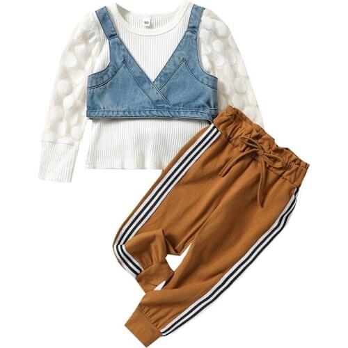 3PCS Set Toddler Kids Baby Girl Dot Long Sleeve White Shirt Denim Vest Tops Long Pant Trouser Outfits Children Girls Clothes