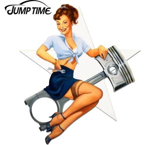 JumpTime 13cm x 11.2cm 3D Car Sticker Sexy Pin Up Mechanic Girl Windows Decal Bumper Motorcycle Car Styling Home Wall Decor