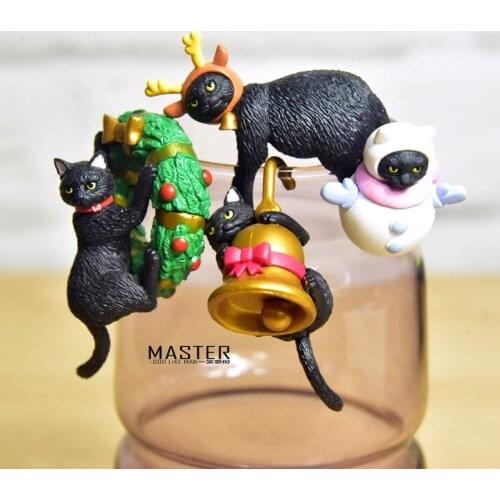4PCS 3cm Christmas Lucky cat black cat cup rim cup friend hanging cup Cat cartoon doll model holiday gift