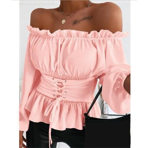 Womens Blouses Tops Off Shoulder Shirts Women Clothing Sexy Slash Neck Long Sleeve Lace Up Corset Top Fall Blusas Mujer De Moda