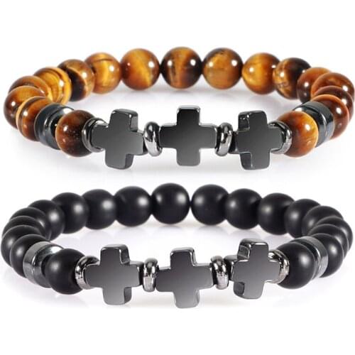 Trendy Natural Tiger Eye Stone Bracelet 8mm Lava Matte Beaded Cross Hematite Handmade Charm Bracelets for Men Women Jewelry Gift