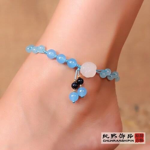 Pure natural ornament Natural Blue Chalcedony students foot chain fashion retro style accessory original hand ornament