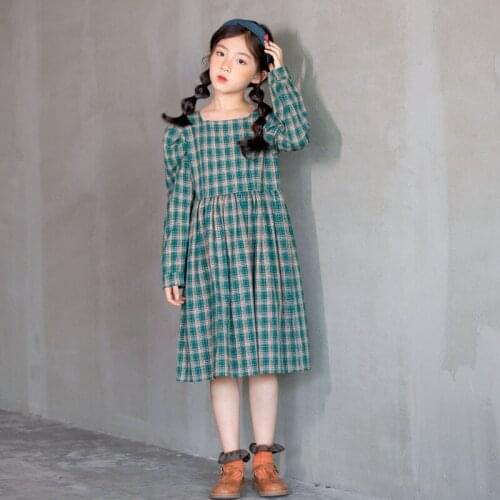 Children Clothing 2020 Autumn Girls Plaid Dress Cotton Puff Sleeve Retro Princess Dresses Fashion Teen Girls Casual Dress, #1095