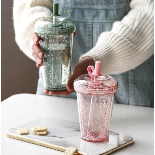 Double-layered Straw Cup Donut Shape Star Leakproof PC Water Cup With Dustproof Silicone Straw Plug Self-driving Travel Bottle