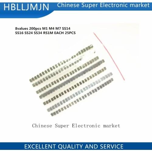 8values 200pcs M1 M4 M7 SS14 SS16 SS24 SS34 RS1M Electronic Components Package Diode Assorted Kit electronic diy kit each 25pcs