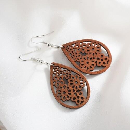 European and American Vintage Jewelry Bohemian Geometric Solid Mahogany Hollow Water Drop Earrings for Women Jewelry