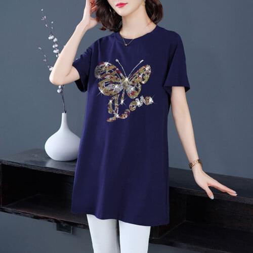 Short-sleeved T-shirt Womens Mid-length Loose Belly Sequined Diamond Tshirts Plus Size Womens Clothing Women Fashion Tops 6XL