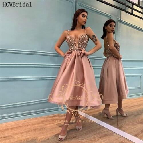 Short Dusty Pink Dubai Prom Dresses Chic Crystal Sweetheart Tea Length Sexy Wedding Party Dress Plus Size Women Formal Gowns