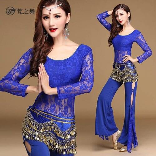 Newest Sexy Belly Dance Costumes Indian Lace Dance Practice Clothes Lace Performance Wear Top+Pant+Waist Chain 3pcs Suit