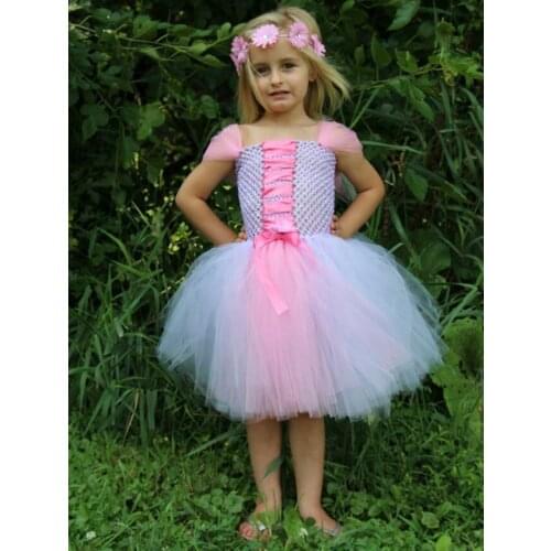 Cute Girls 2Layer Crochet Tutu Dress Kids Fluffy Tulle Ballet Tutus with Veil Shoulder and Ribbons Children Party Flower Dresses