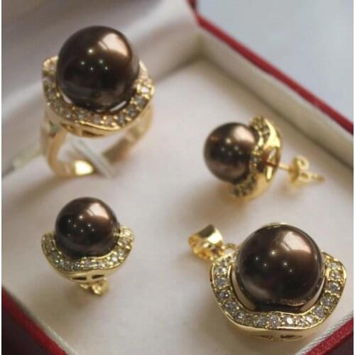Fashion metal gilded micro inlaid White Diamond brown Shell Pearl Pendant + Earrings + Ring Set