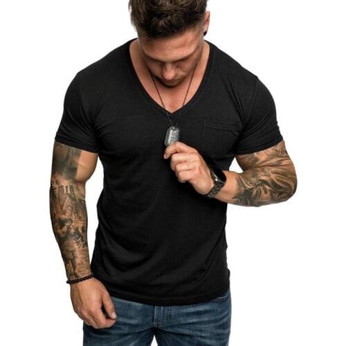 2021 Summer Casual Men T-Shirt Fashion Solid Color Short Sleeve V Neck Slim-Fit Fitness T-Shirt Top Tee Sweatshirt