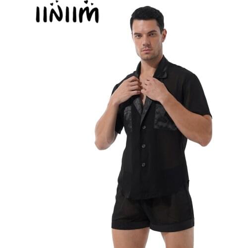 Men See-through Chiffon Pajama Set Satin Patchwork Sissy Nightwear Sleepwear Lapel Short Sleeve Button Tops with Shorts Homewear