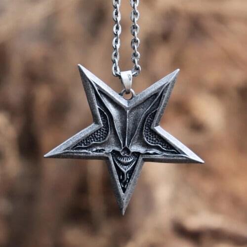 EYHIMD Mens Satanic Satan Inverted Pentagram Necklaces Baphomet Jewelry Demon Chaos Star Skull Pendant Ancient Silver Color