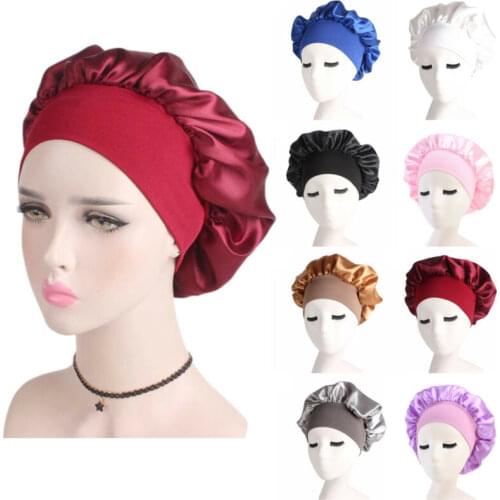 Brand New 2020 Long Hair Care Women Satin Bonnet Cap Silk Elastic Head Wrap Adjustable Shower Caps Solid Night Sleeping Hat