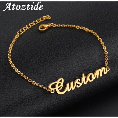 Atoztide Personalized Custom Name Bracelet For Women Stainless Steel Charms Handmade Engraved Handwriting Love Bangle Gift