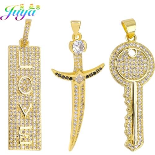 Juya DIY Gold Micro Pave Zircon Arab Scimitar Key Love Letters Pendant For Handmade Trendy Lovely Charms Jewelry Making Supplies