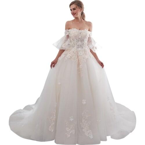 Tulle with Lace Ball Gown Flare Sleeves Appliques Off the Shoulder Floor Length Wedding Dress Robe de soiree Vestido de noche
