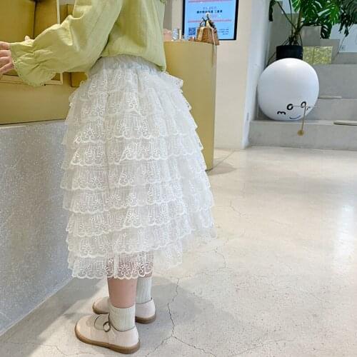 Girls' Skirt 2021 Autumn New Cute Sweet Cake Skirt Childrens Solid Color Loose Casual Lace Skirt