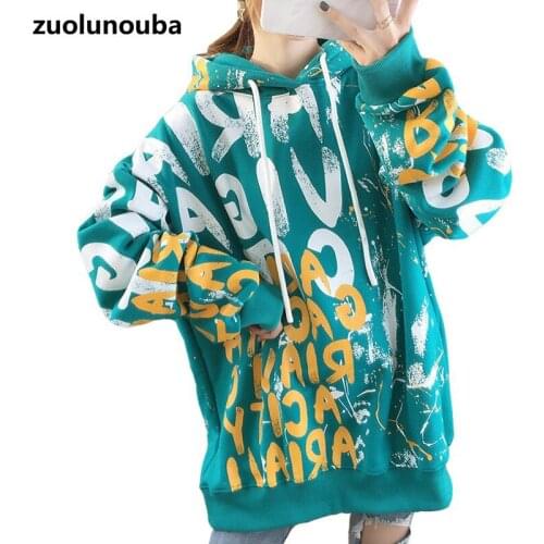 2020 Autumn And Winter Plus Velvet Letter Printed Ladies Hoodie Casual Loose Fashion Hip-hop Harajuku Mid-length Girl Sweatshirt