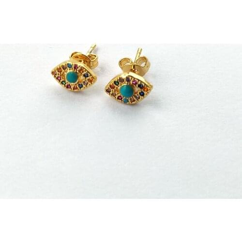 10Pairs Gold Color Earrings,Micro Pave rainbow Cubic Zirconia blue stone Eye Stud Earrings Women Jewelry ER926