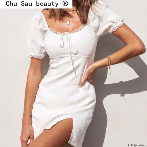 New Fashion 2021 Sweet Chic Lace Patchwork Mini Dress Women Summer Casual Vintage Cotton Square Collar Split Dresses Female