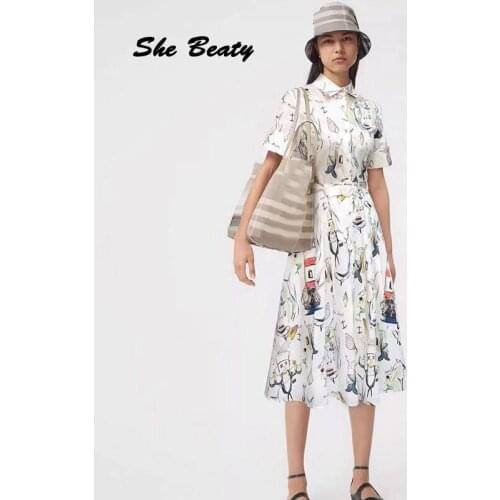 She Beaty Runway 2021 High Quality Blouse Dress Women Singler Breasted Floral Printed Offic Ladies Elegant Vintage Midi Dresses