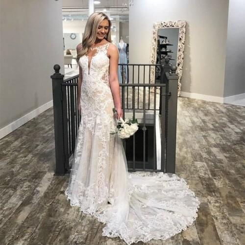 Mermaid Wedding Dresses Scoop Neck Backless Lace Appliques Sleeveless Elegant Vestido De Novia Chapel Train Bridal Gown