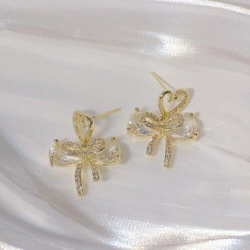 14K Real Gold Plated Bowknot Stud Earring Luxury Shining Exquisite Micro Inlaid Zircon Heart Earrings for Women Wedding Jewelry