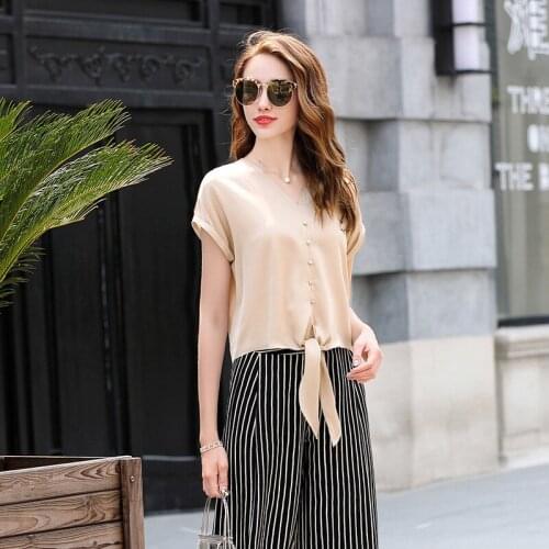 91.4% Silk Bow Blouse Plus Size 3 Colors Solid Womens Short Sleeve High Quality Silk Blouses Casual New Fashion 2019