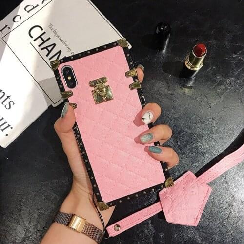 Huawei P40 Lite Square Leather Neckrope Phone Case for Huawei P20 P30 Pro Lite Y6P Y7 Y9 Prime 2019 Luxury Soft TPU Back Cover