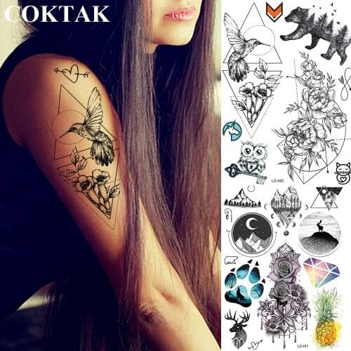 COKTAK Black Sexy Hummingbird Design Temporary Tattoos Geometry Rose Flower Sticker Bear Forest Bird Tattoo For Women Fake Tatoo